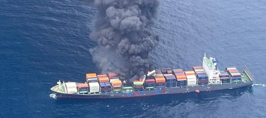 18 crew members are rescued as a Singaporean cargo ship catches fire off the coast of Kerala.